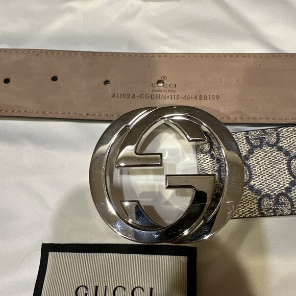 Gucci Web Beige/Blue Stripes Logo Men D-Ring Belt Size 90/36 - Picture 4 of 6